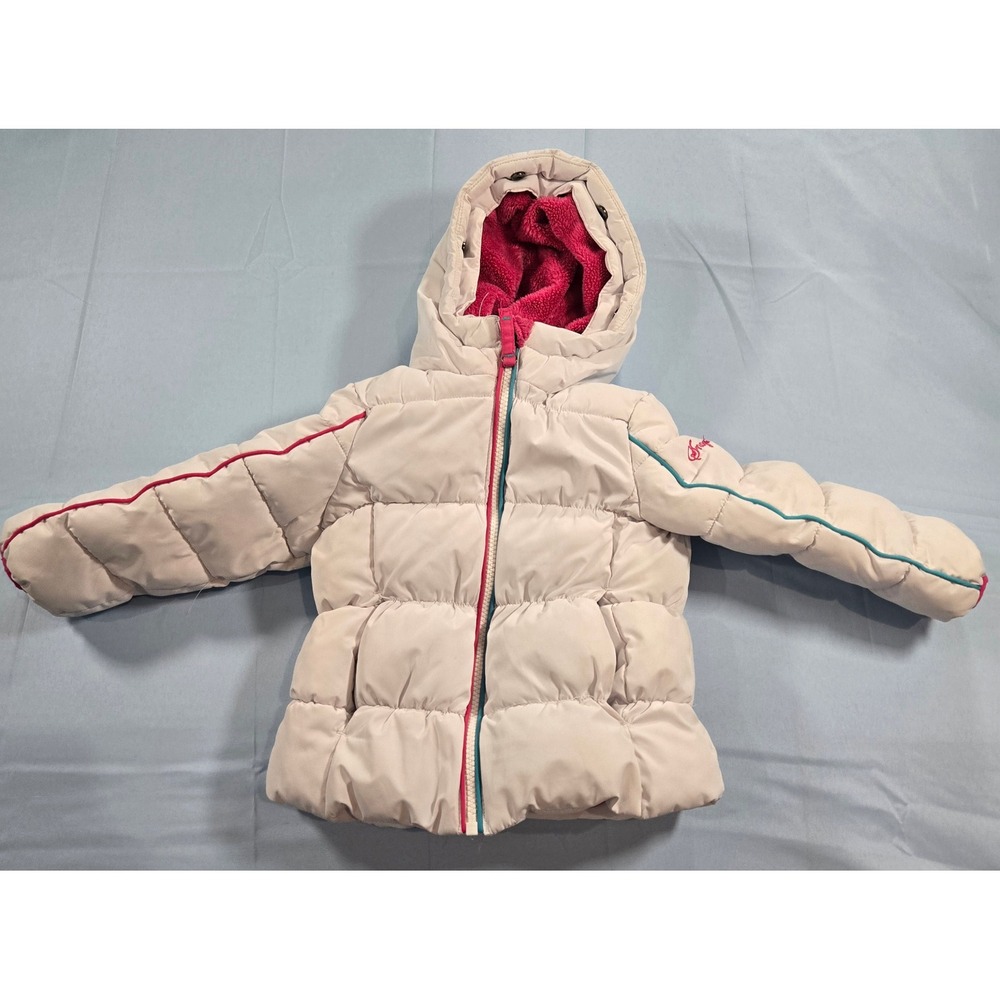 Snozu Toddler Girls Puffer Jacket White Pink Fleece Lined Hooded Size 2T Coat